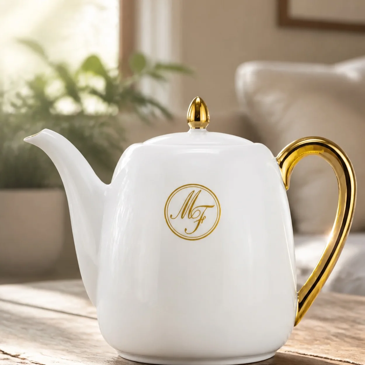 Mariage Freres white porcelain teapot with gold monogram