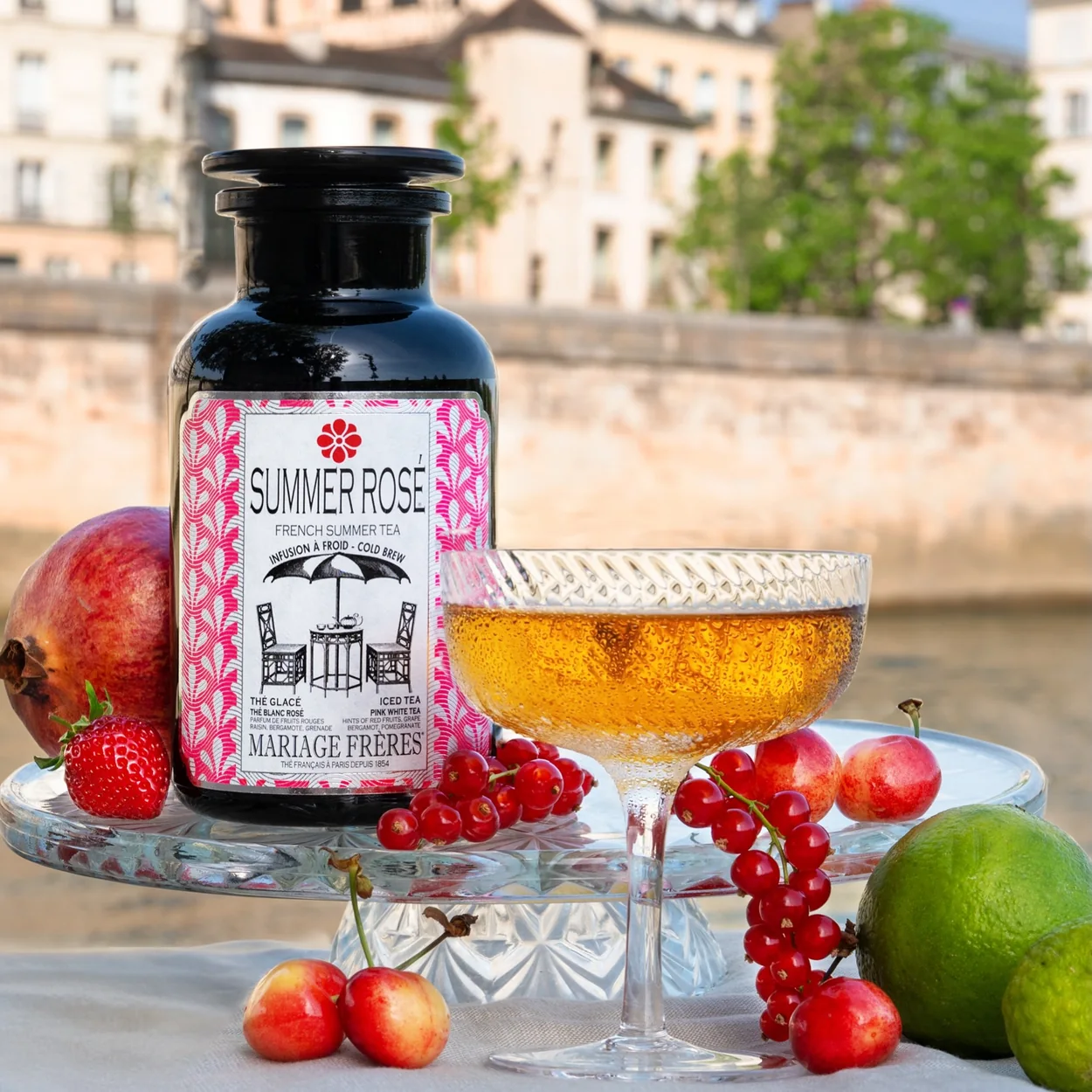 Mariage Freres Summer Rose tea tin with iced tea and fresh fruit