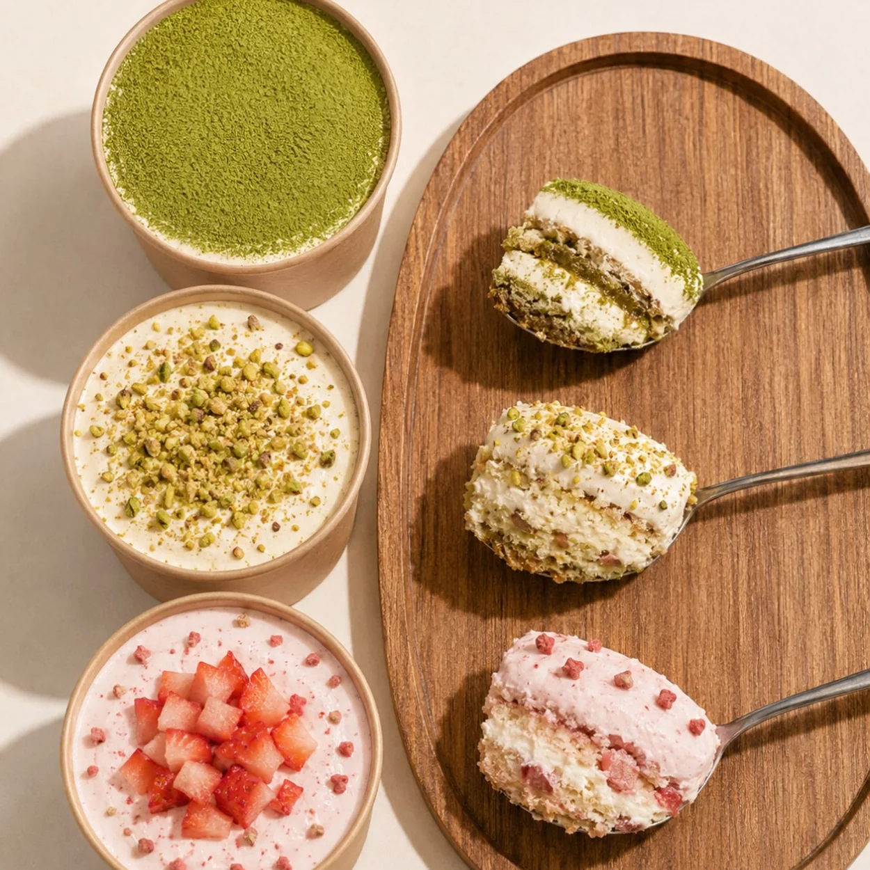 Matchamisu matcha powder, pistachio and strawberry tiramisu spoons on a board
