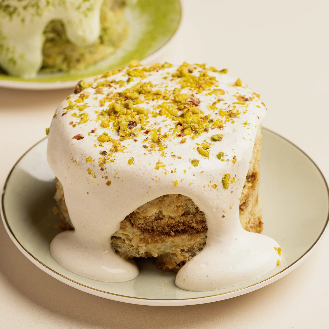 Matchamisu pistachio tiramisu on a plate