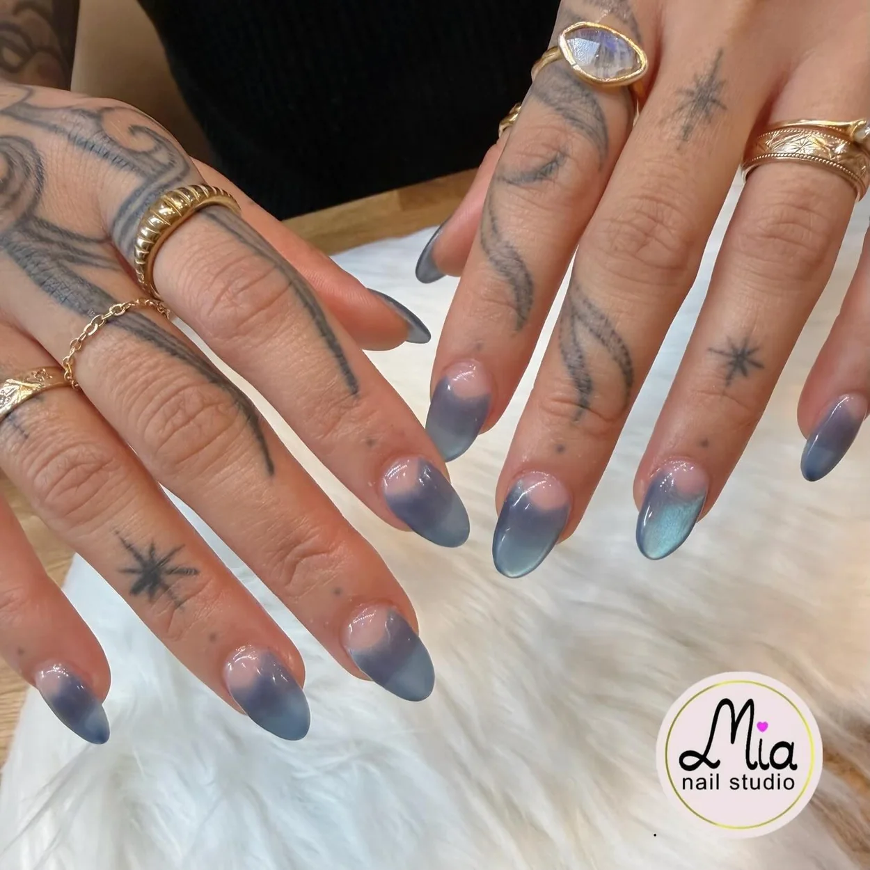 Mia Nails Covent Garden blue ombre almond gel extensions