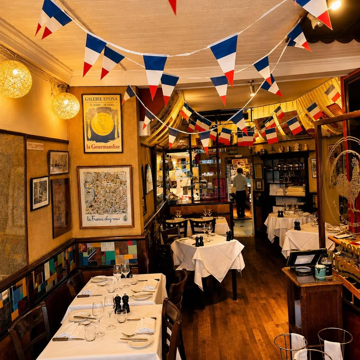Mon Plaisir dining room decorated with French bunting