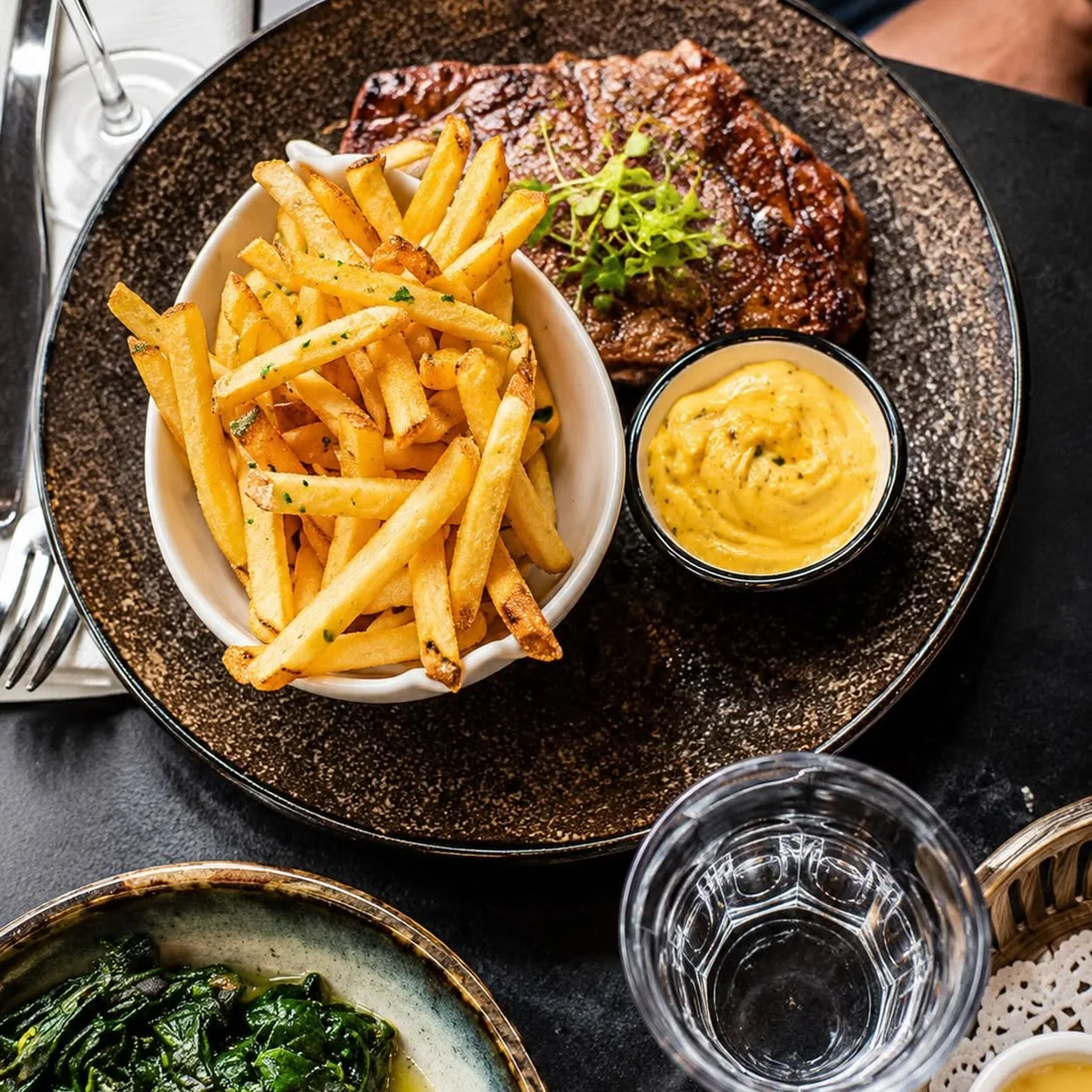Mon Plaisir steak frites with bearnaise and greens