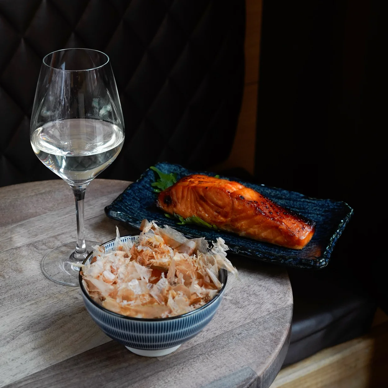 Moto grilled salmon, rice bowl and a glass of sake