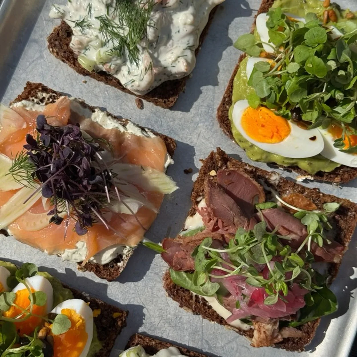 Ole & Steen tray of Danish open sandwiches on rye