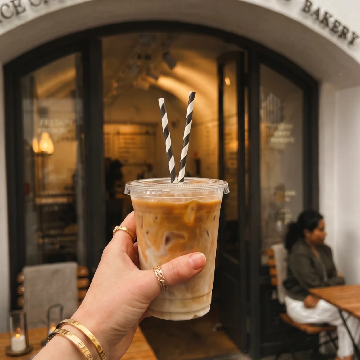 Oliphant's Ice Cream and Bakery iced coffee in front of the Market Building shopfront