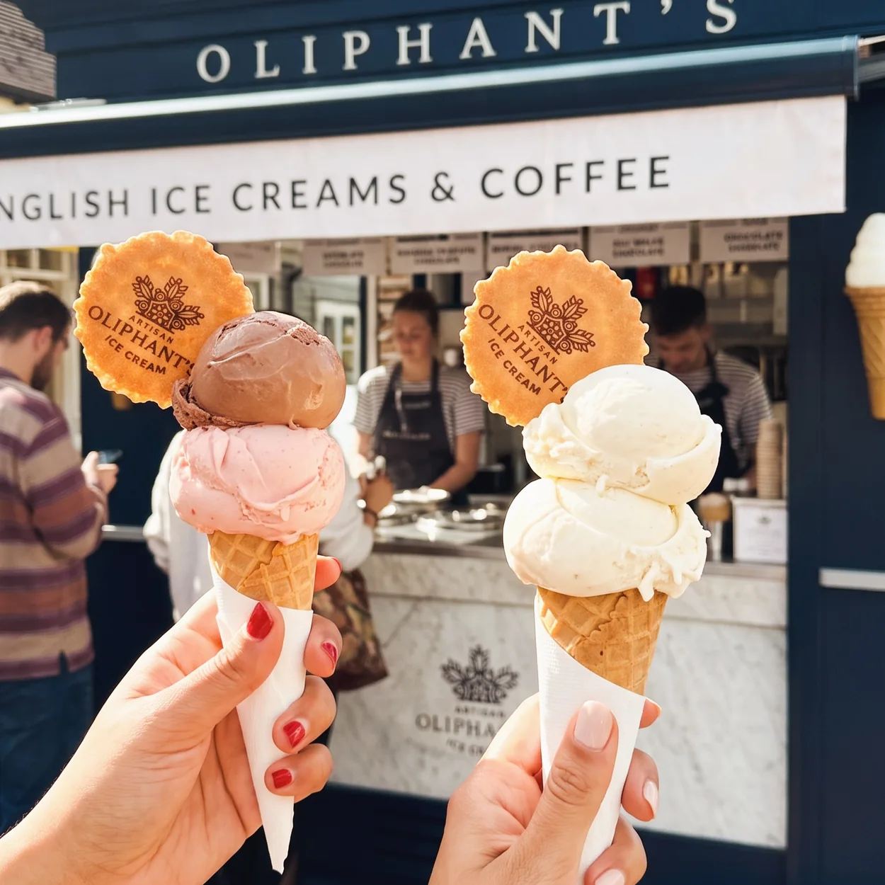 Oliphant's Ice Cream and Bakery ice cream cones topped with branded wafers