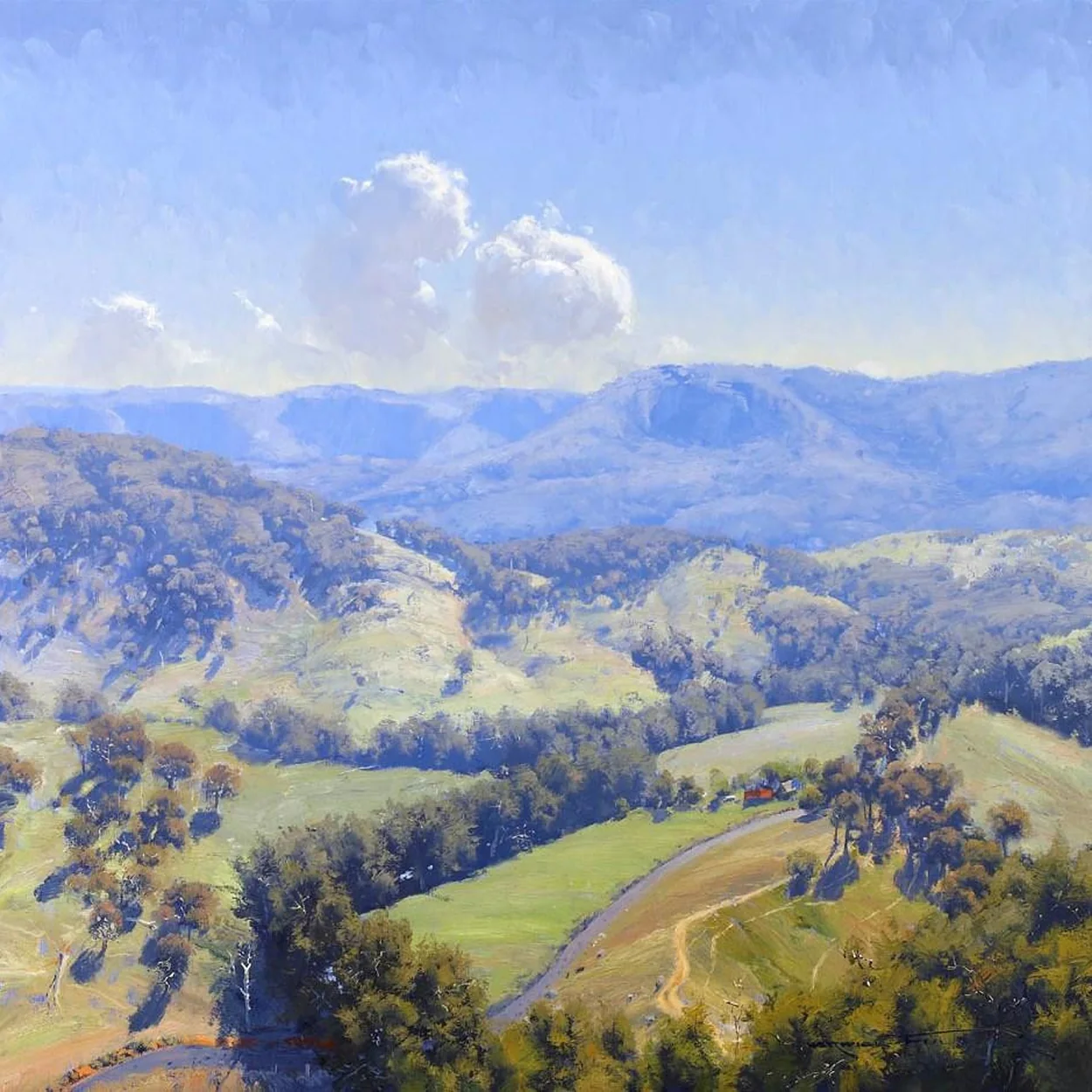 Panter & Hall painted view across a valley and hills