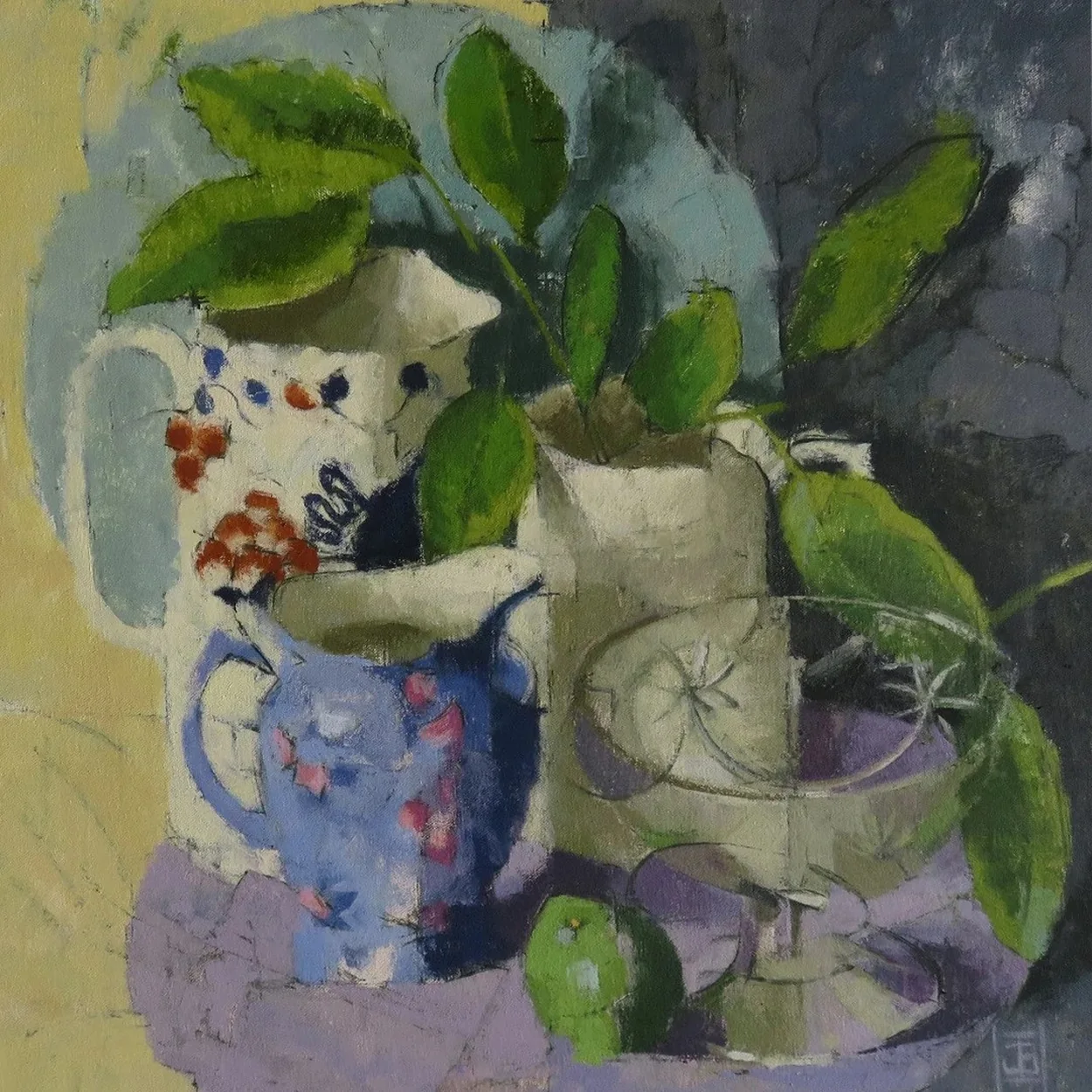 Panter & Hall still life painting with jugs and foliage