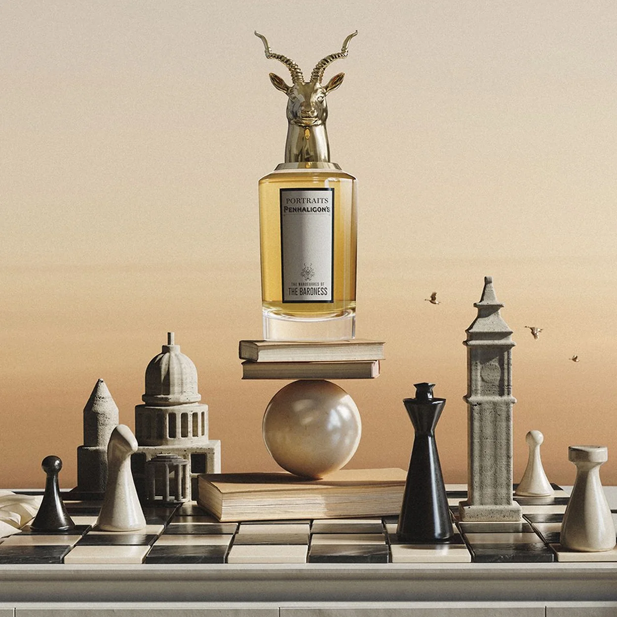 Penhaligon's fragrance bottle in a still life with chess pieces and London landmarks
