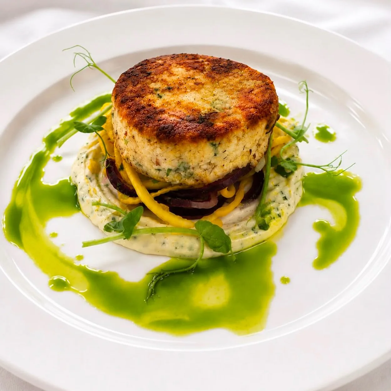 Rules fishcake on a bed of beetroot and herb sauce