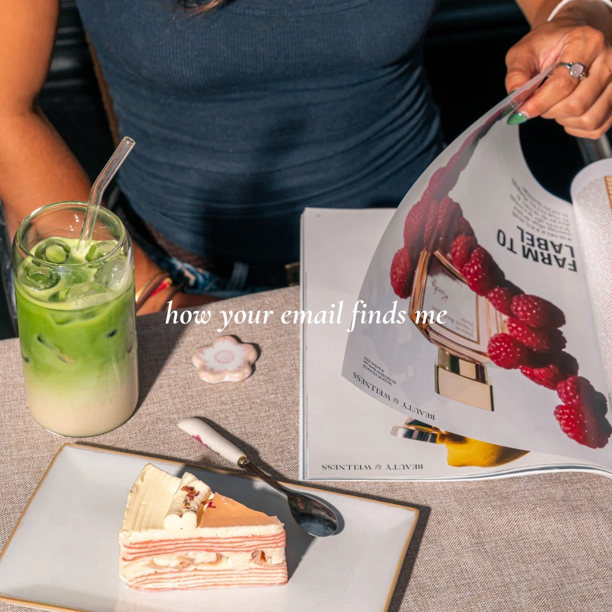 Sakurado strawberry cake slice with an iced matcha latte
