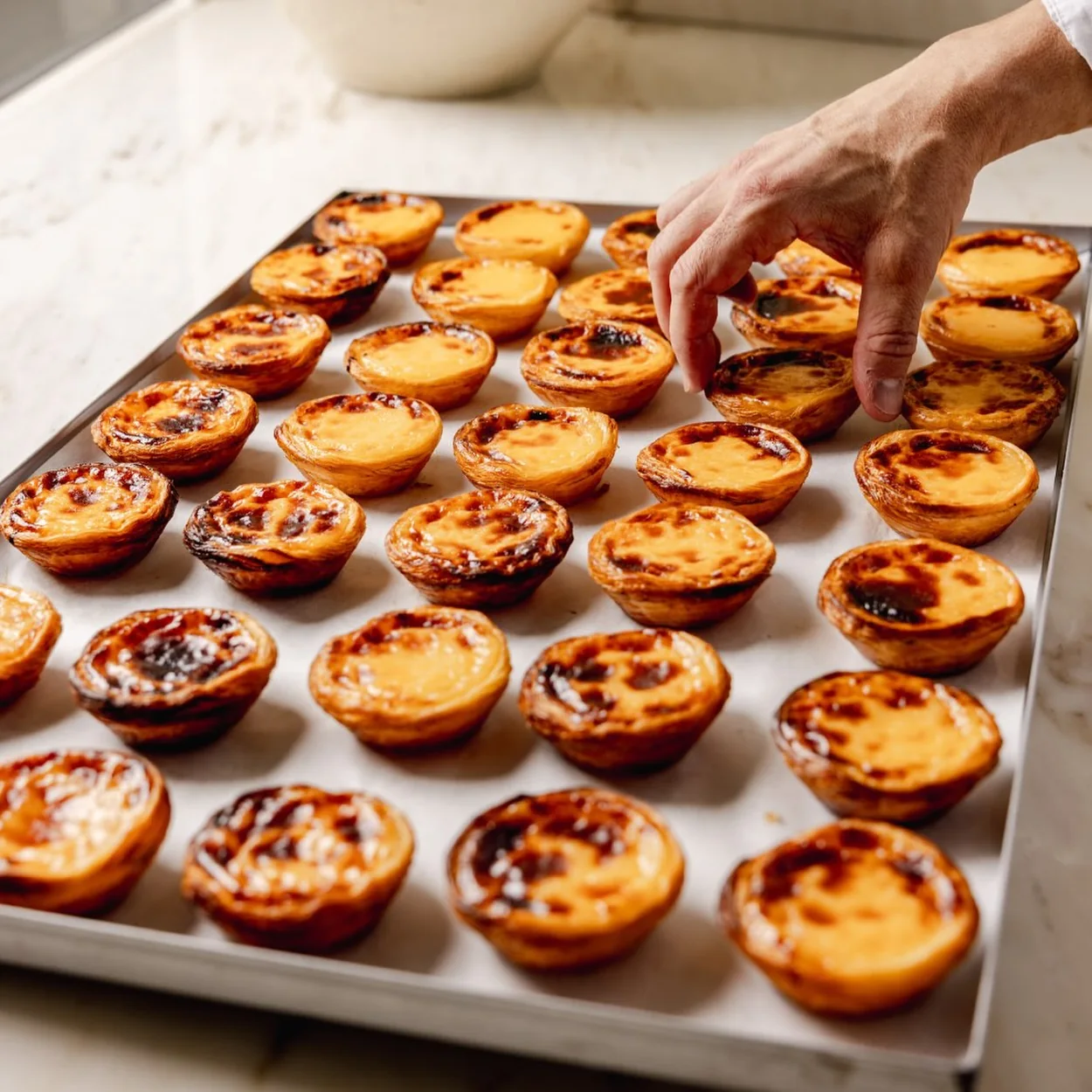 Santa Nata baker arranging a tray of freshly baked custard tarts