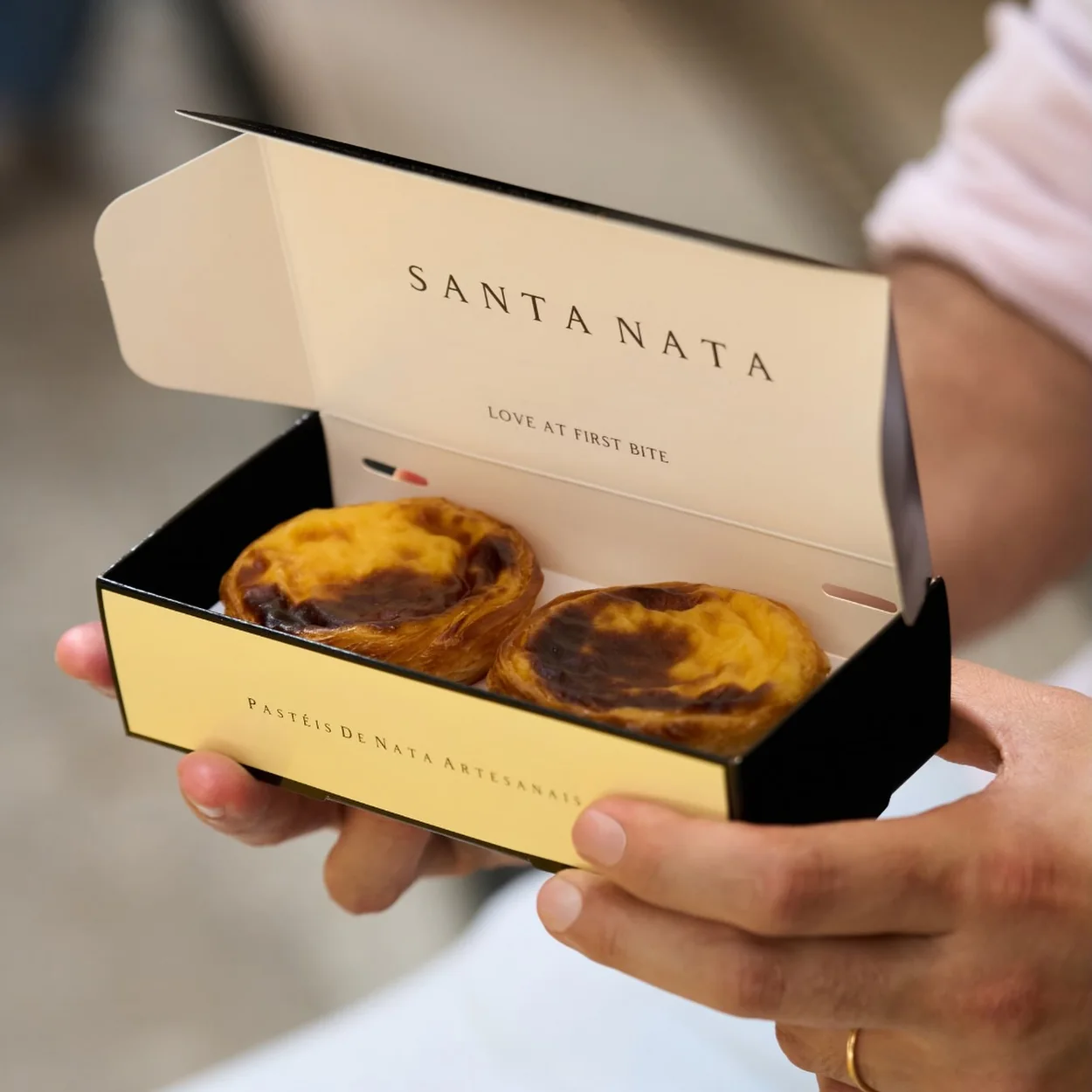 Santa Nata takeaway box of two Portuguese custard tarts