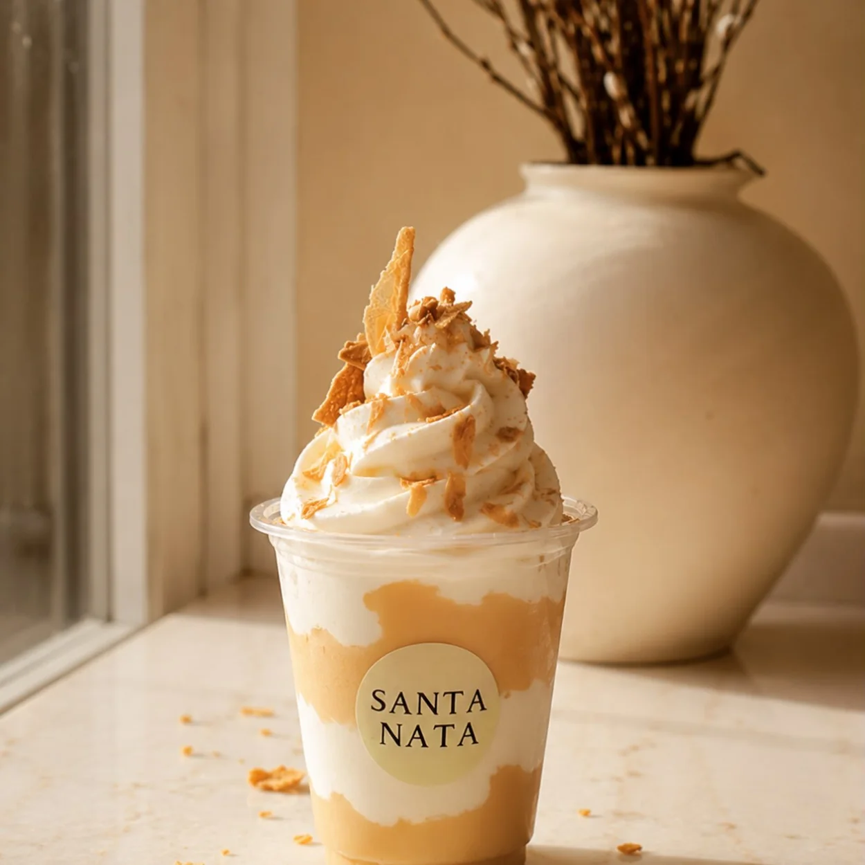 Santa Nata iced coffee topped with cream and cinnamon crumble