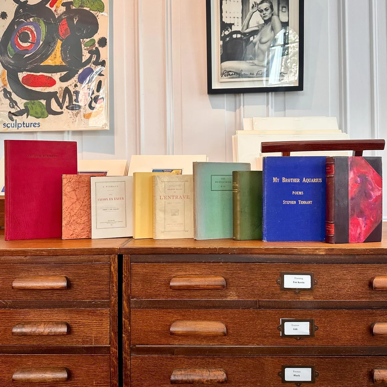 Sotheran's antiquarian volumes displayed on wooden plan chests