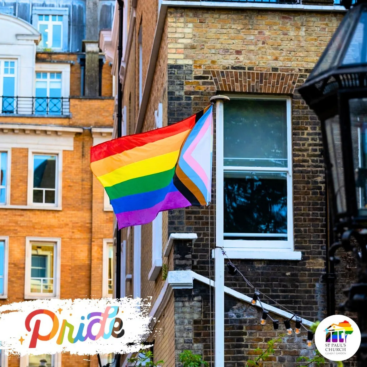 St Paul's, the Actors' Church exterior brickwork with a Pride flag flying from the building