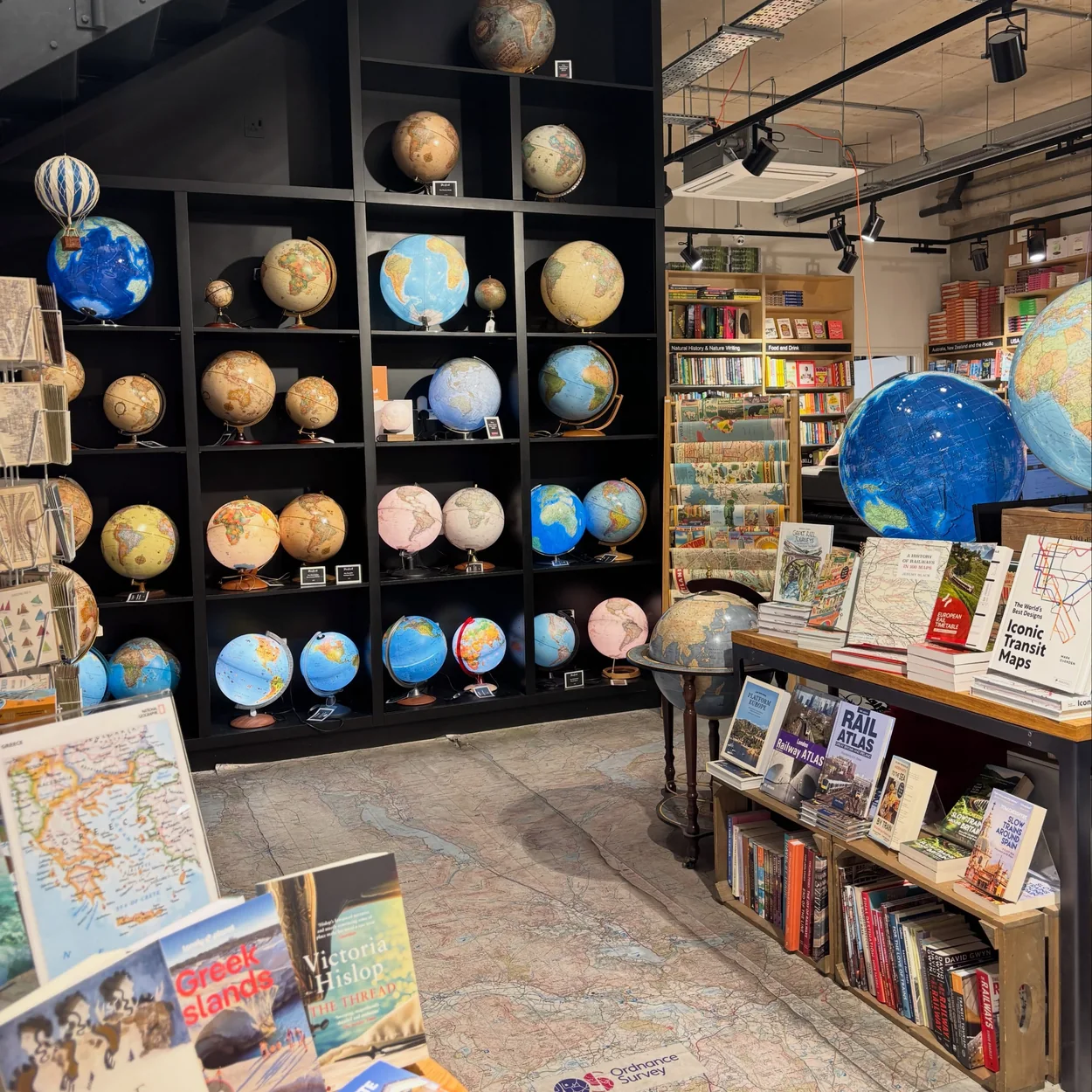 Stanfords globes display inside the Covent Garden travel bookshop