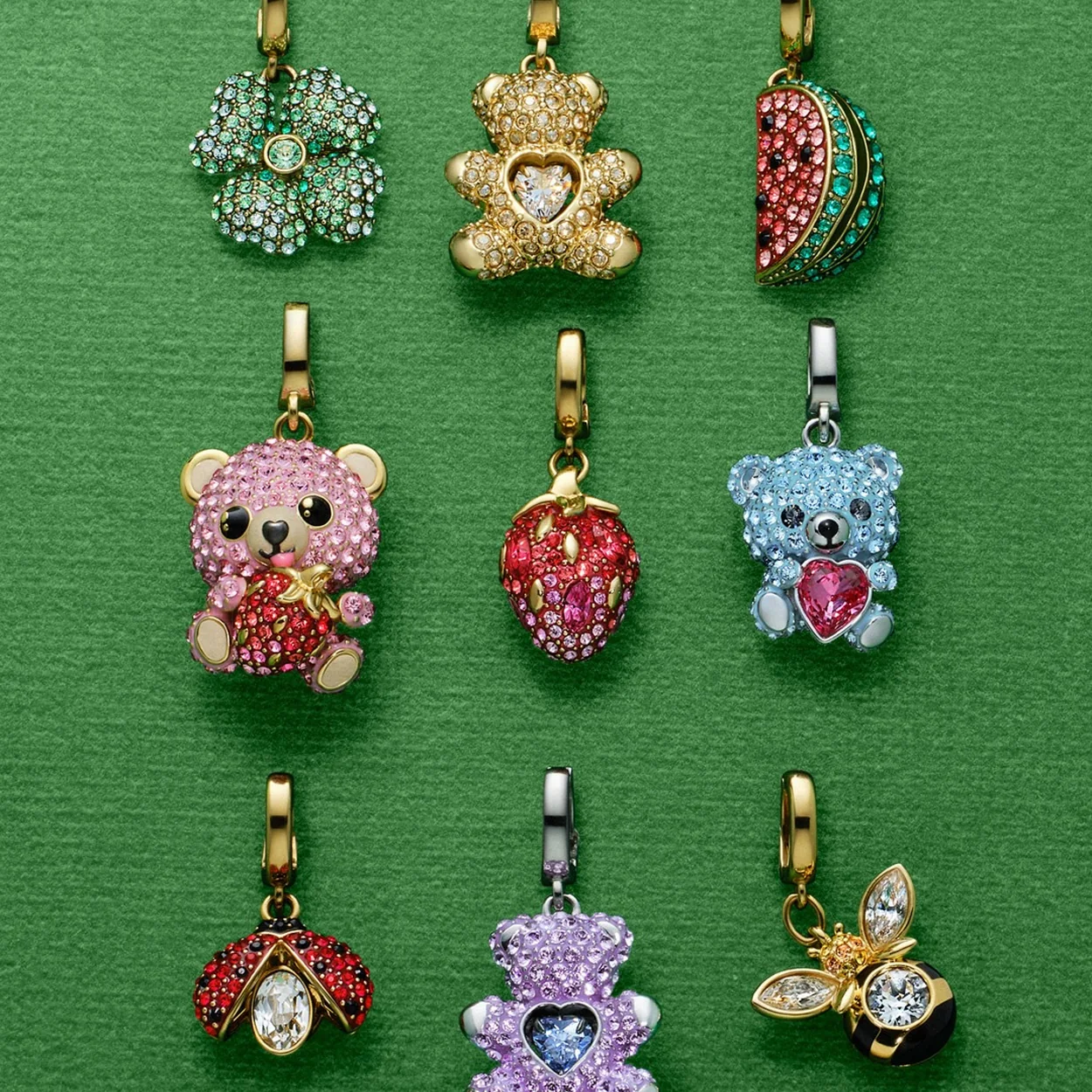 Swarovski crystal charms including bears, ladybirds and clovers