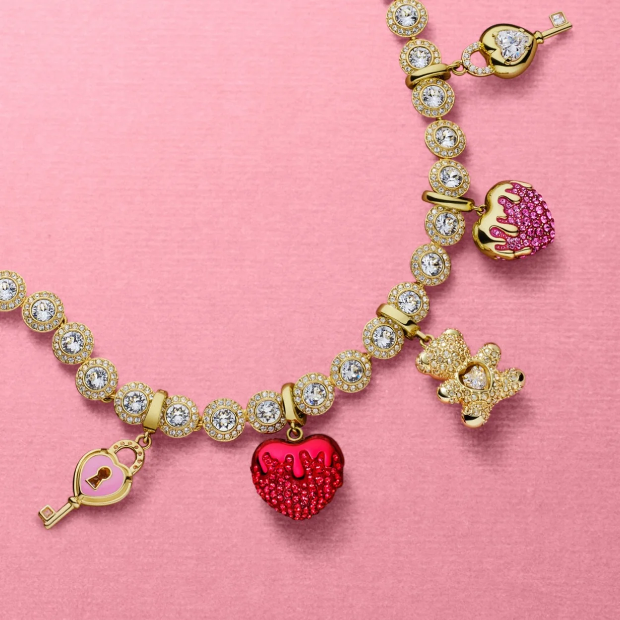 Swarovski crystal charm necklace with heart and key charms