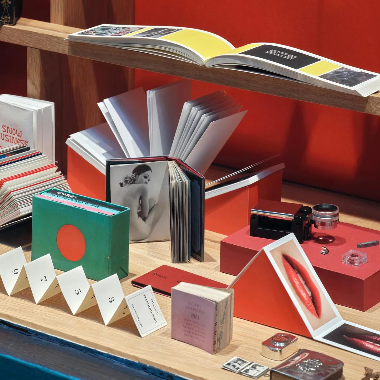 Tenderbooks display of artist books and zines on a shop table