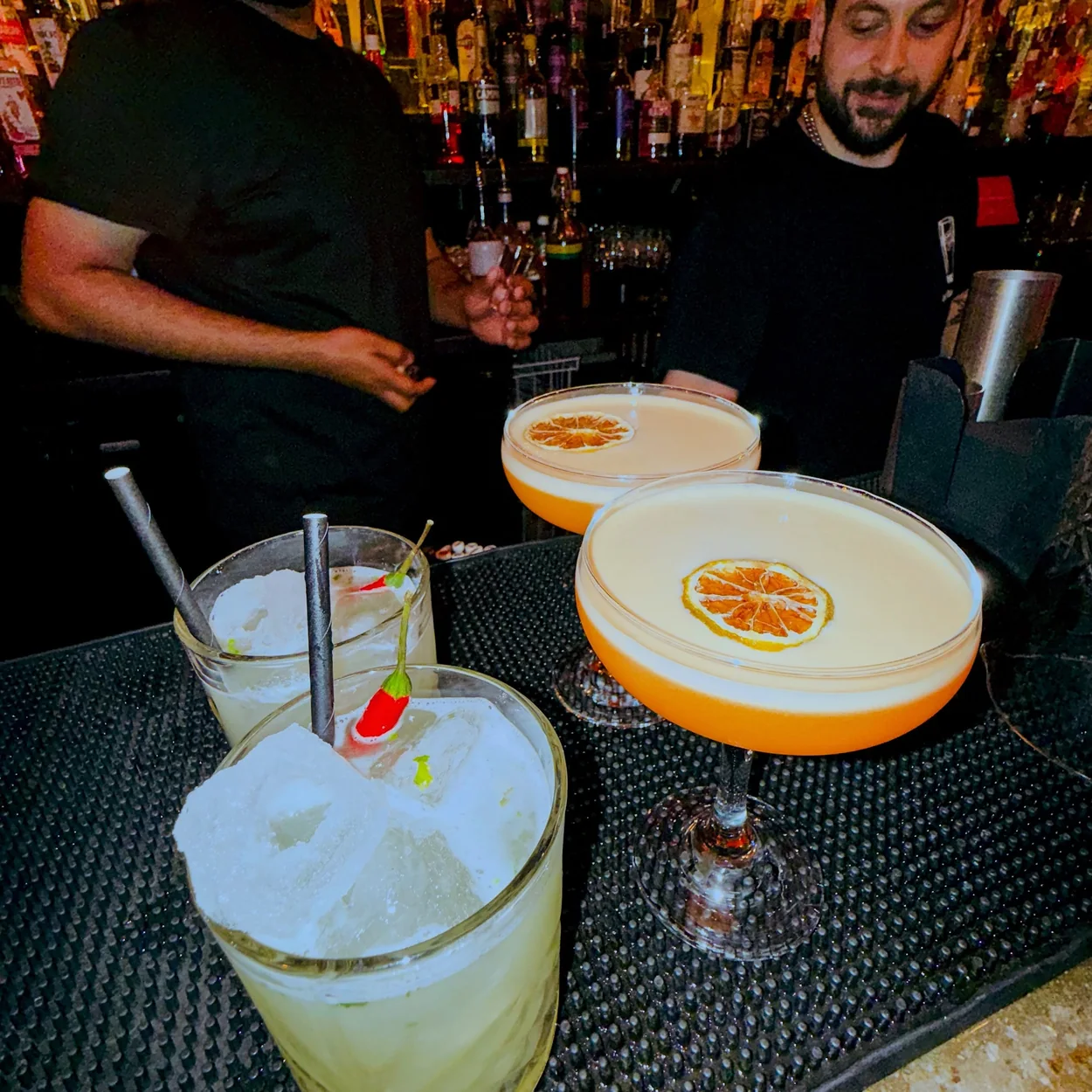 Tequila Mockingbird margarita and sour-style cocktails on the bar