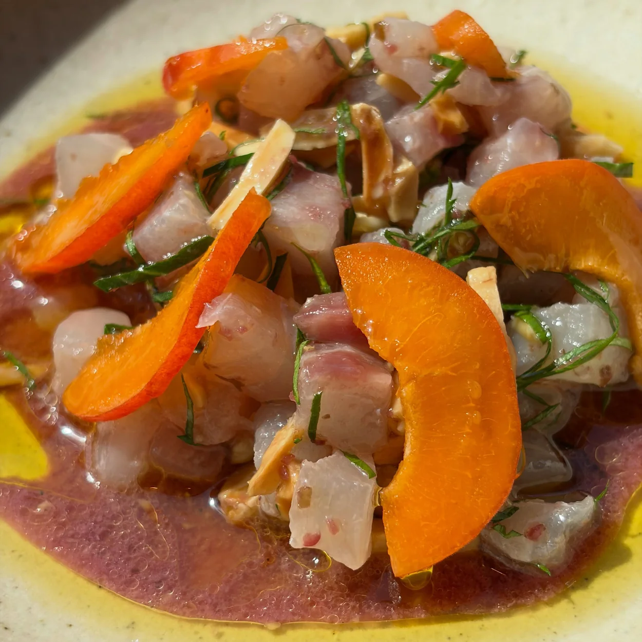 The Barbary raw fish crudo with apricot and herbs