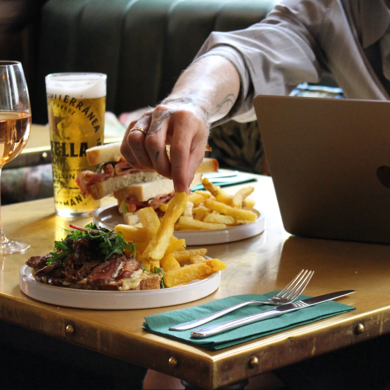 The Marquess of Anglesey lunch of chips, a pint and a glass of wine