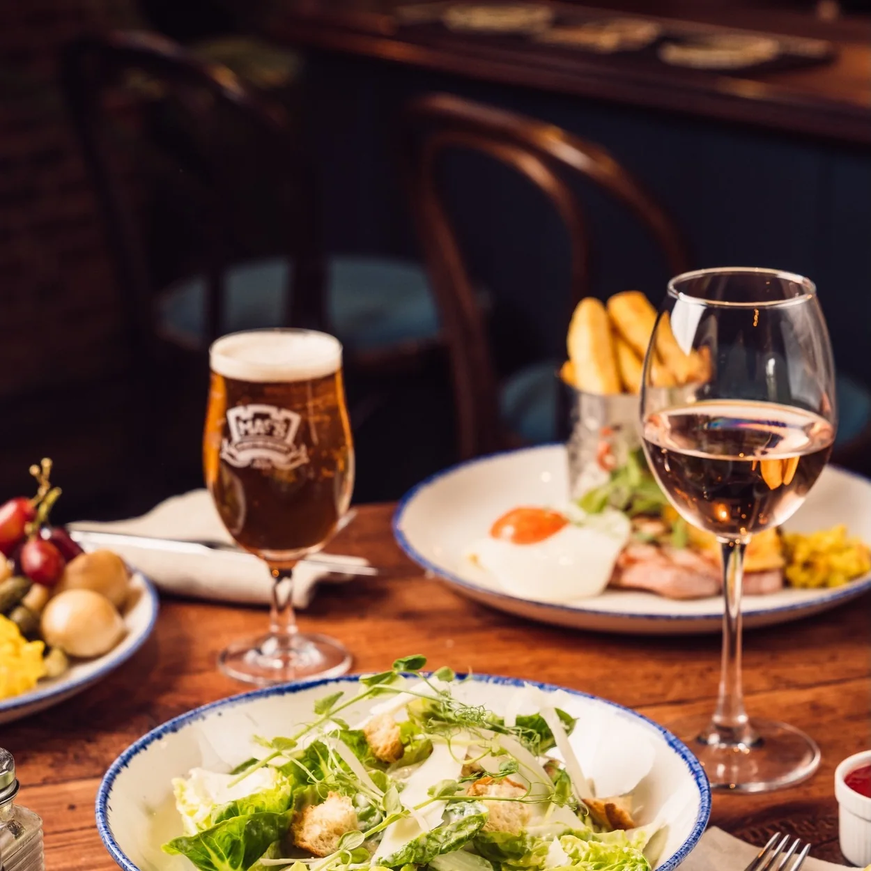 The Nags Head lunch of salad, a pint and a glass of rose