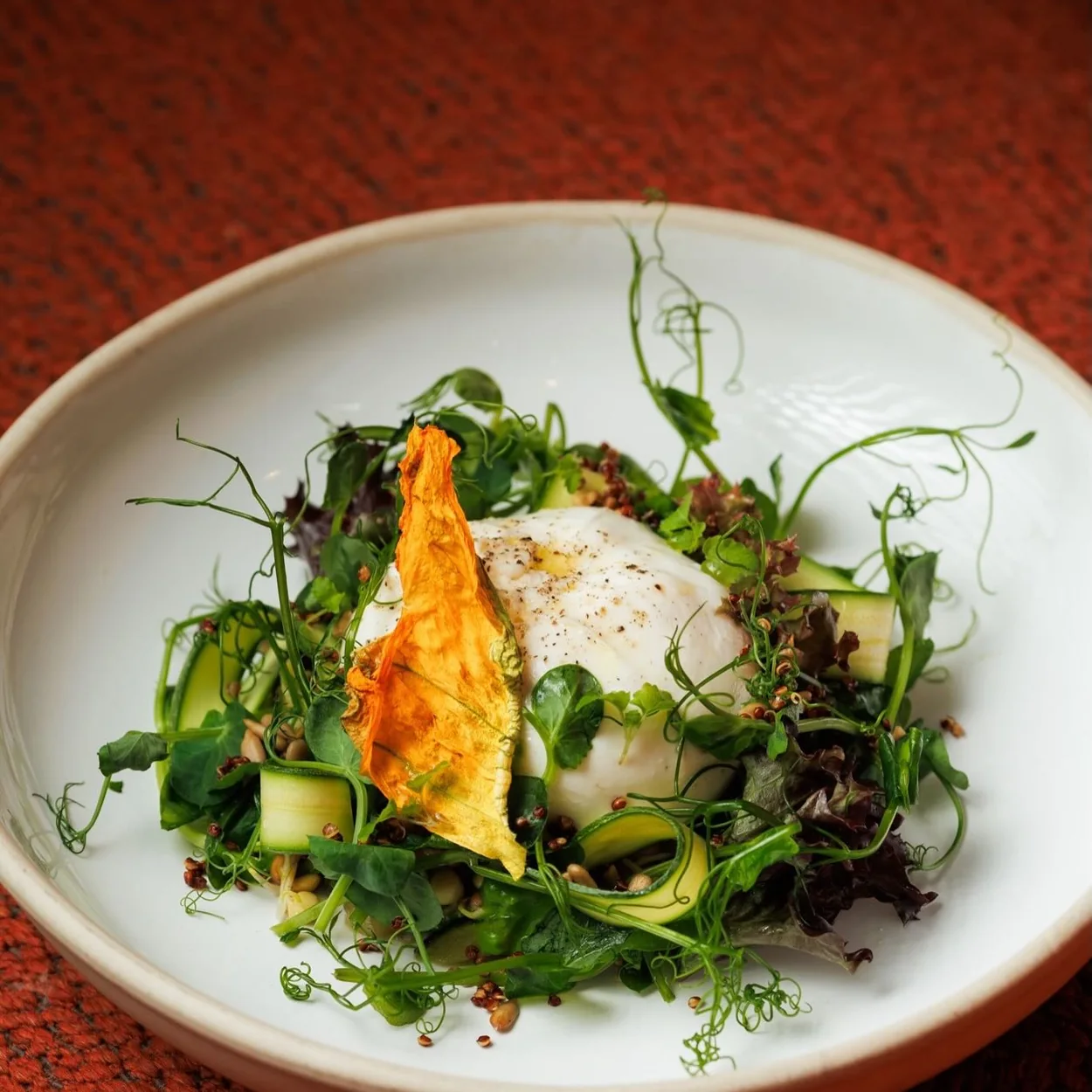 NoMad London plated dish with egg and spring greens