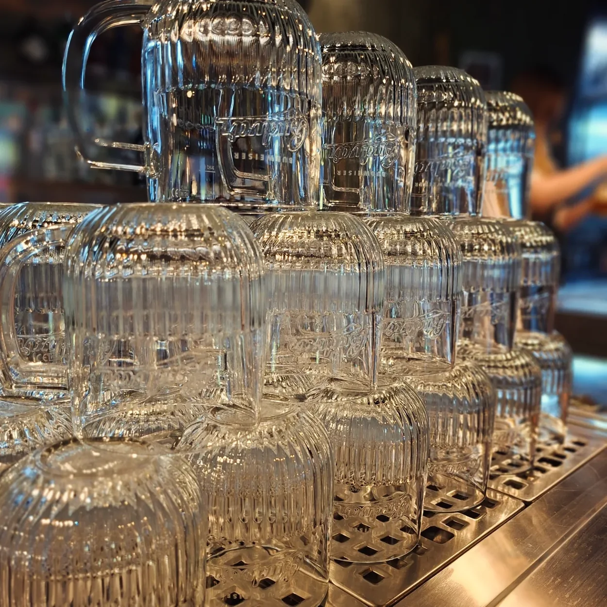 The Stranded glassware stacked on the bar ready for service