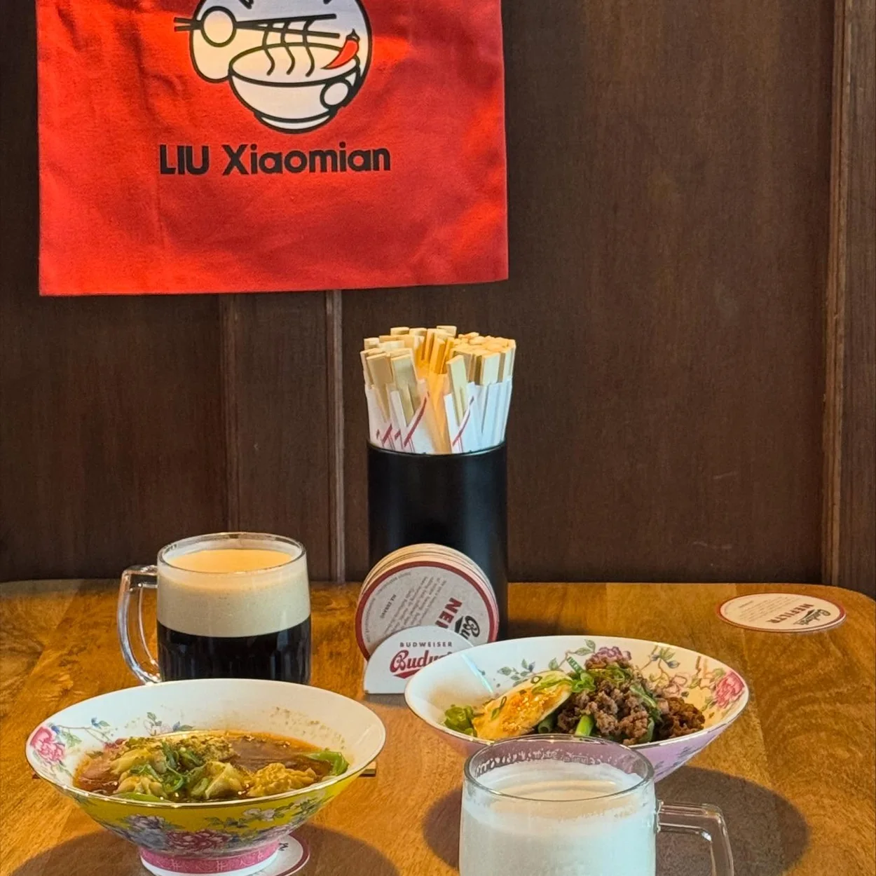 The Stranded side-pour lagers served with noodle bowls