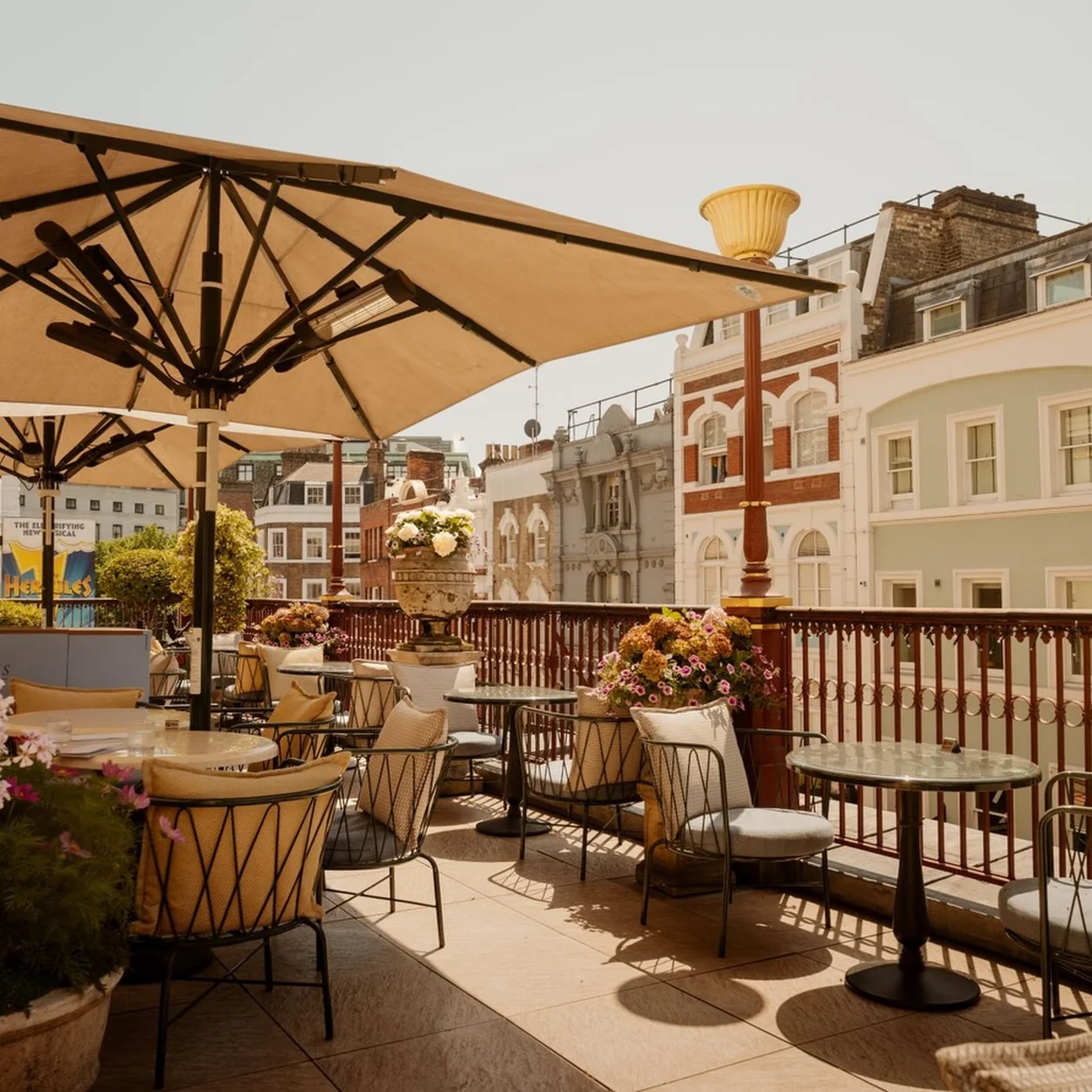 Theatre Royal Drury Lane rooftop terrace with parasols and planting