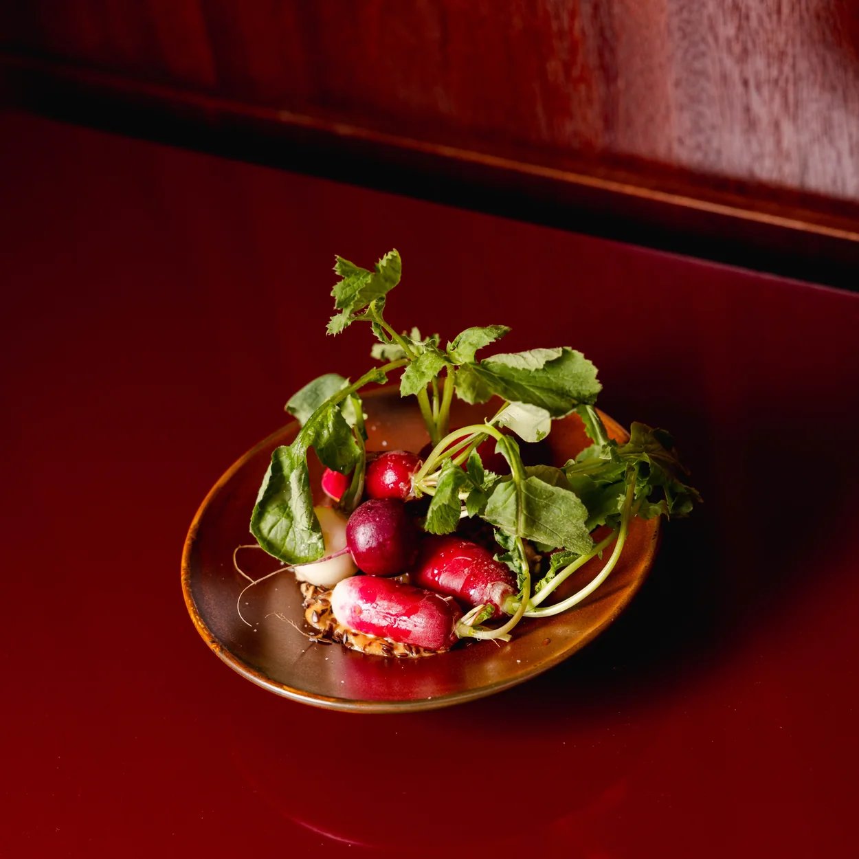 Town restaurant salad of radishes and leaves on a red table
