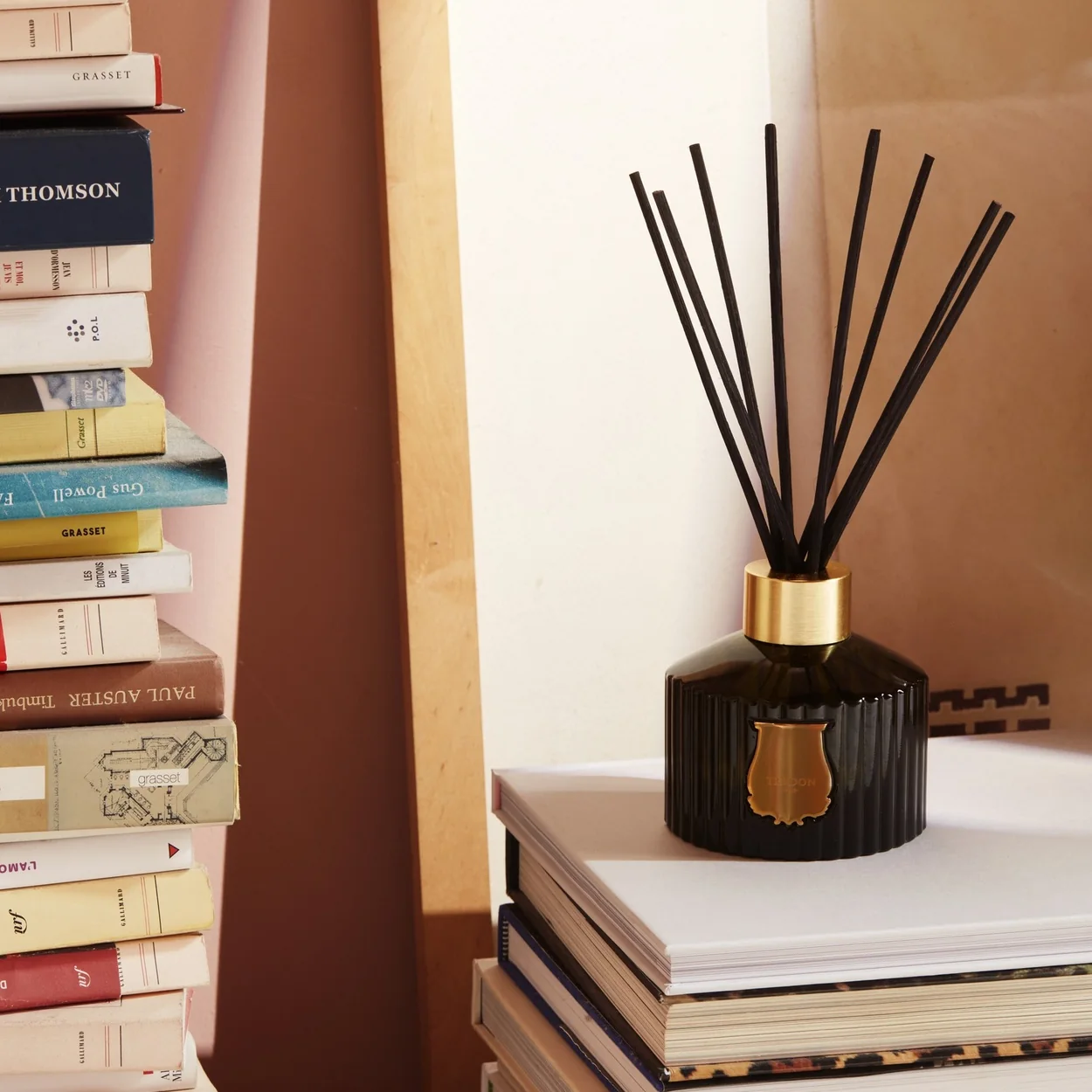 Trudon reed diffuser on a stack of books