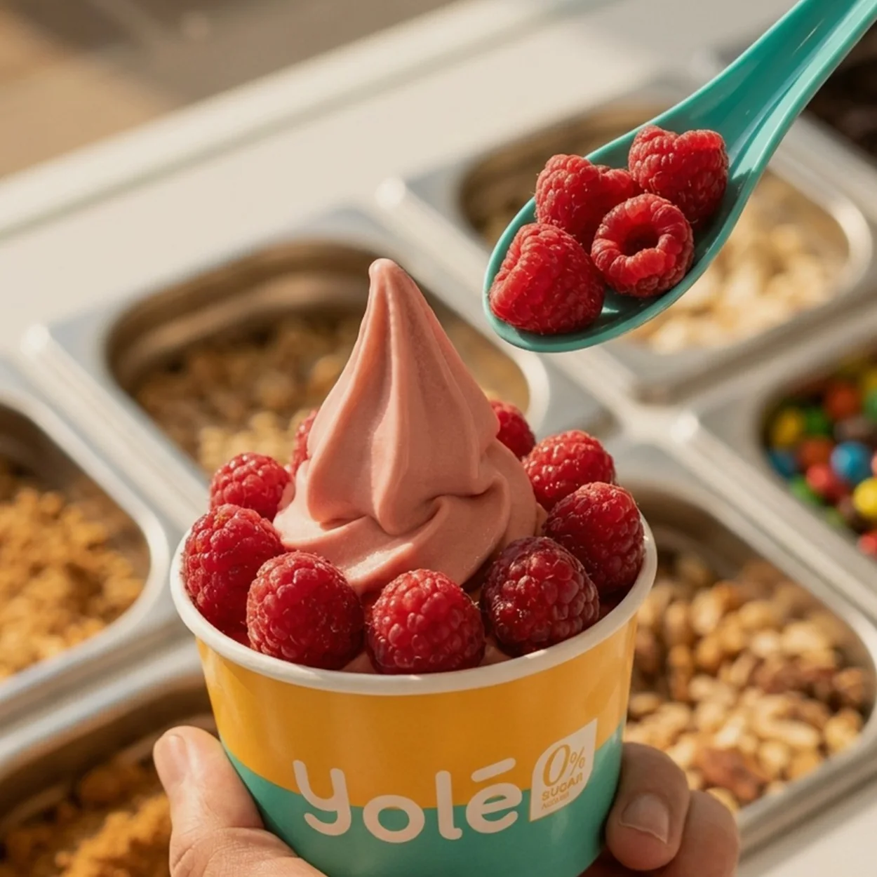 Yole raspberry frozen yogurt cup with fresh raspberries