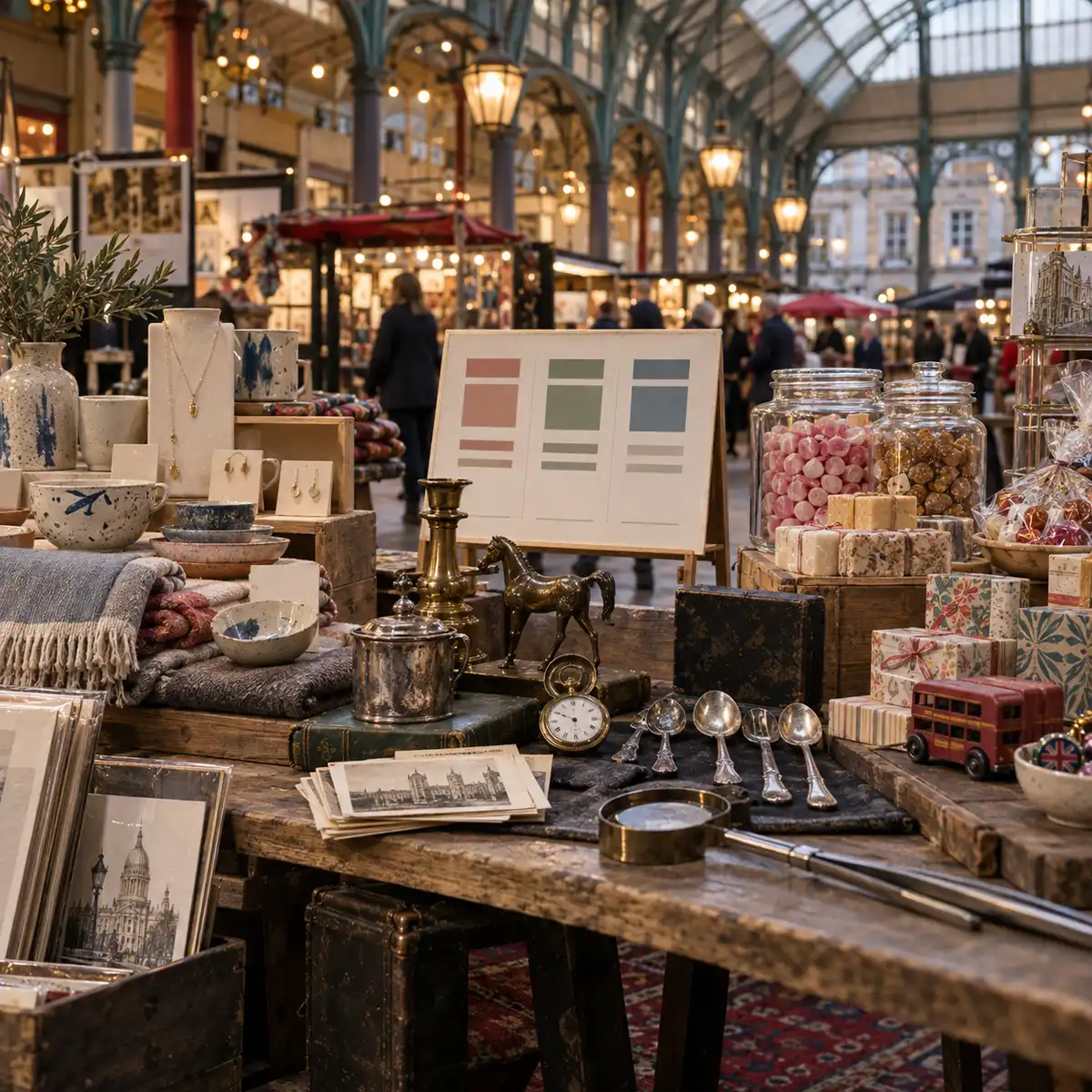 A shopper examining handmade jewellery at a Covent Garden market stall, illustrating the craft offer available Tuesday to Sunday