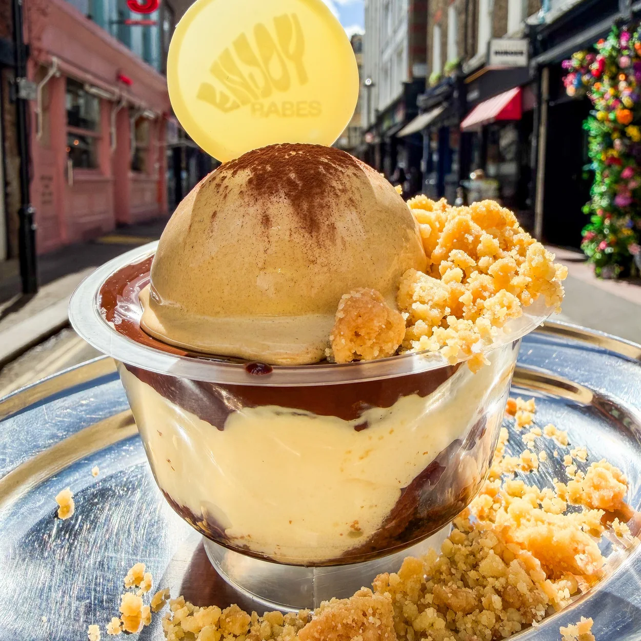 Ice cream sundae with crumble topping at Chin Chin Ice Cream