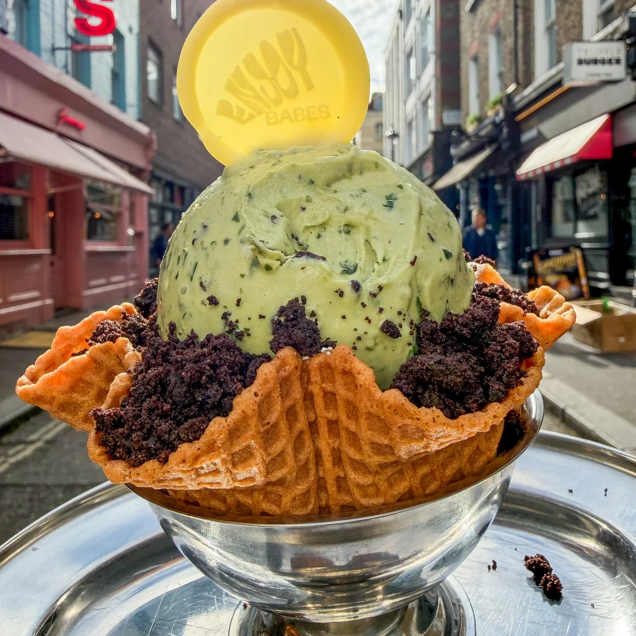 Pistachio and chocolate ice cream sundae from Chin Chin Ice Cream