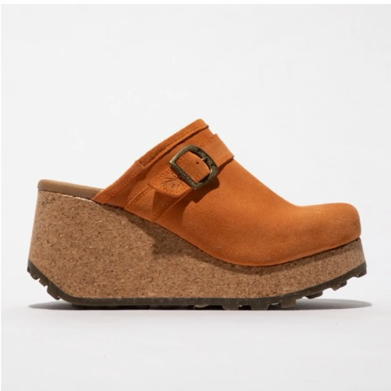Fly London tan leather clog with cork wedge sole