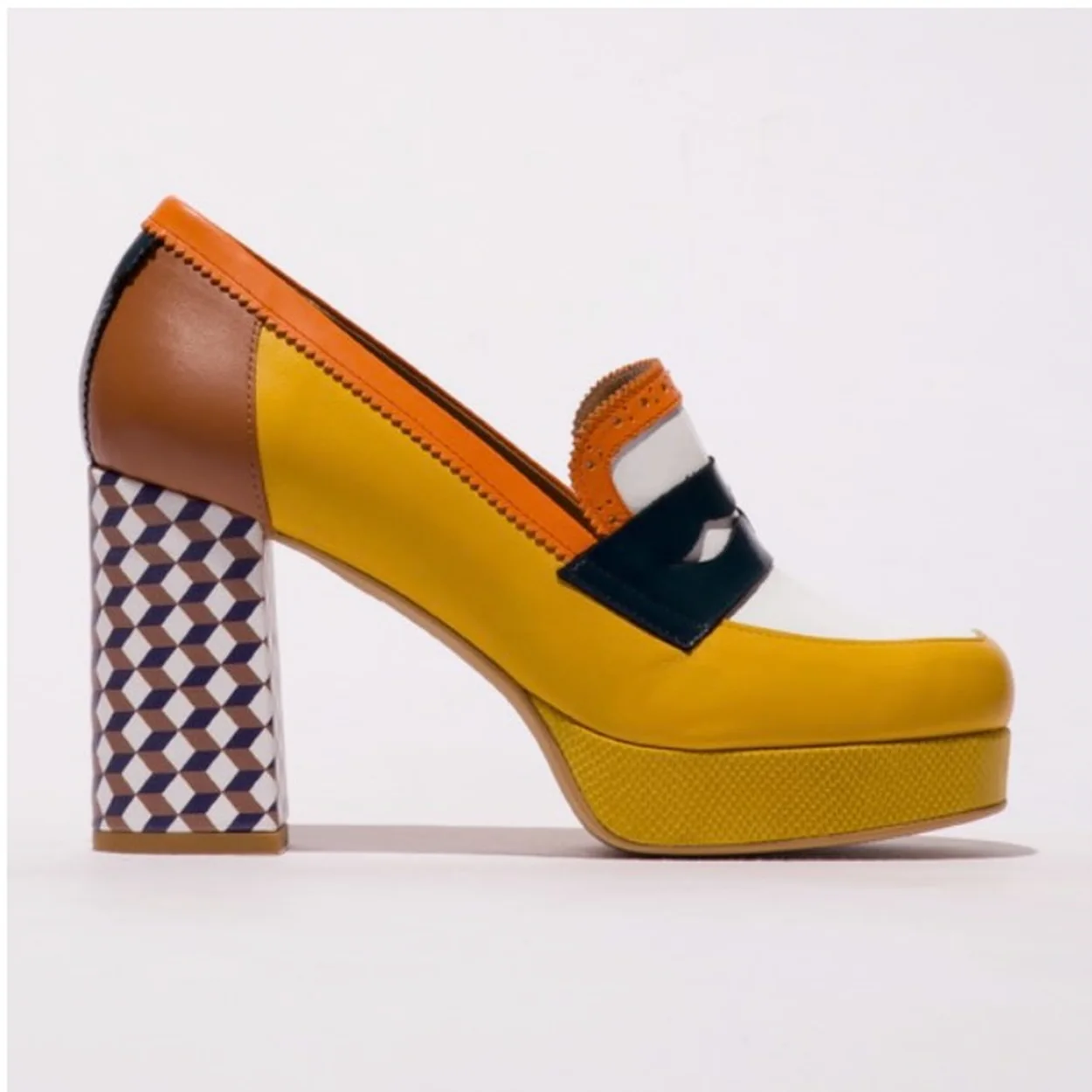 Fly London yellow leather loafer with patterned block heel