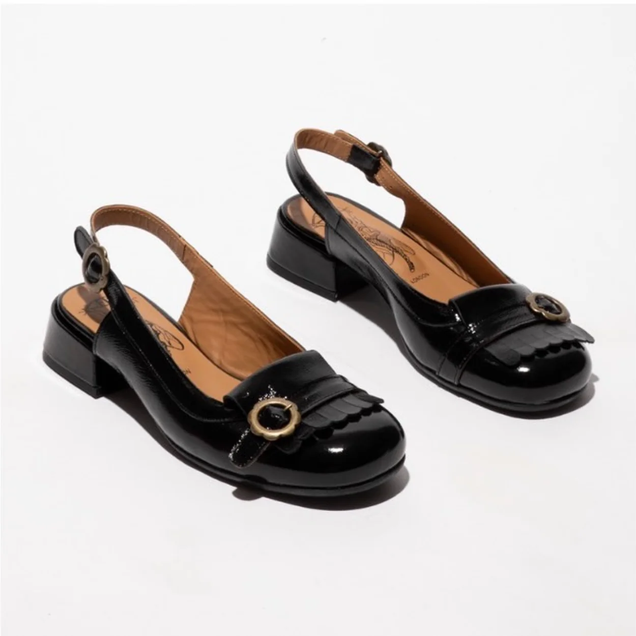 Fly London black patent leather loafers with buckle detail
