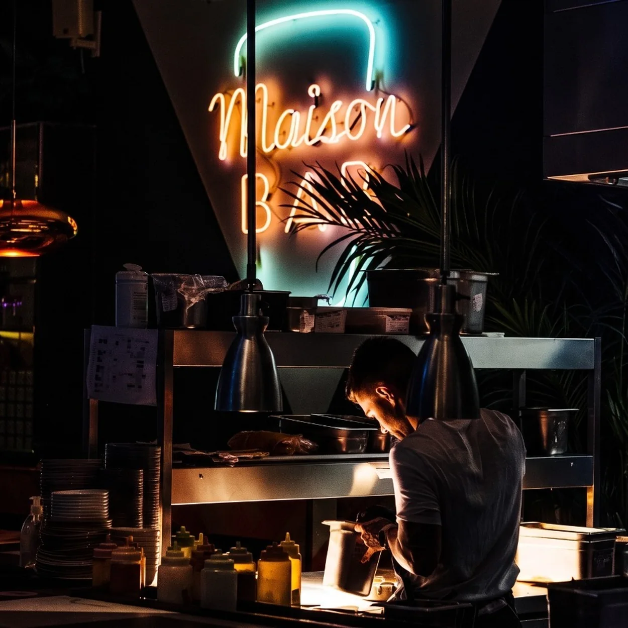 Dimly lit interior of Maison Bab with a neon sign above the open kitchen