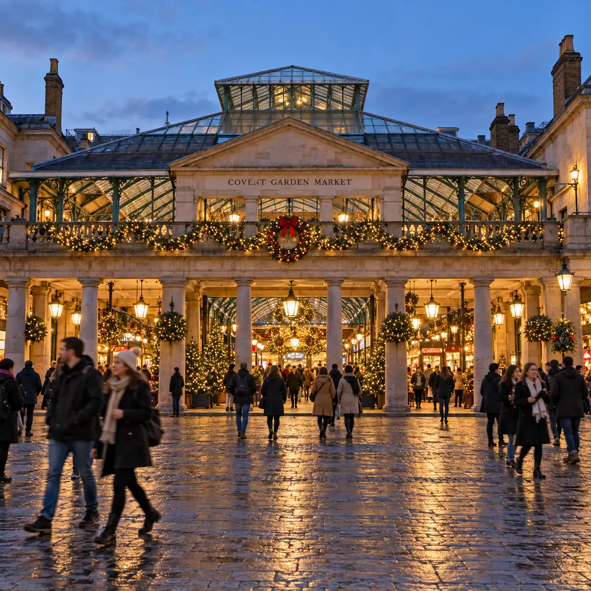 Covent Garden Christmas lights on the West Piazza at dusk, with the 55ft British-grown tree illuminated against the winter sky