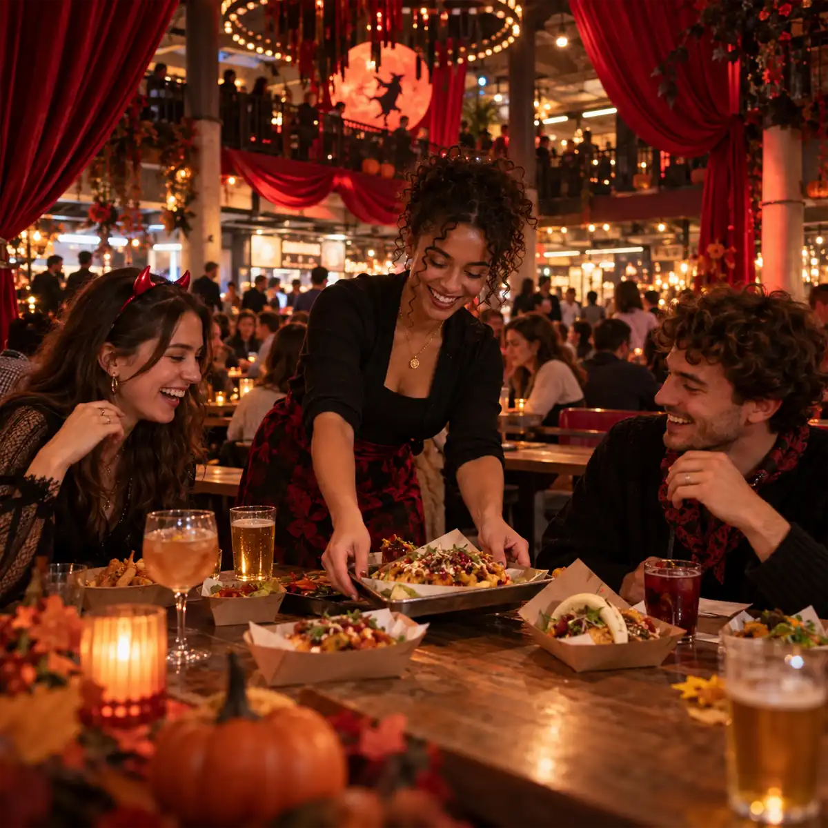 Seven Sins Market Halloween 2026 at Seven Dials Market, Covent Garden, with traders and themed décor inside the Banana Warehouse food hall
