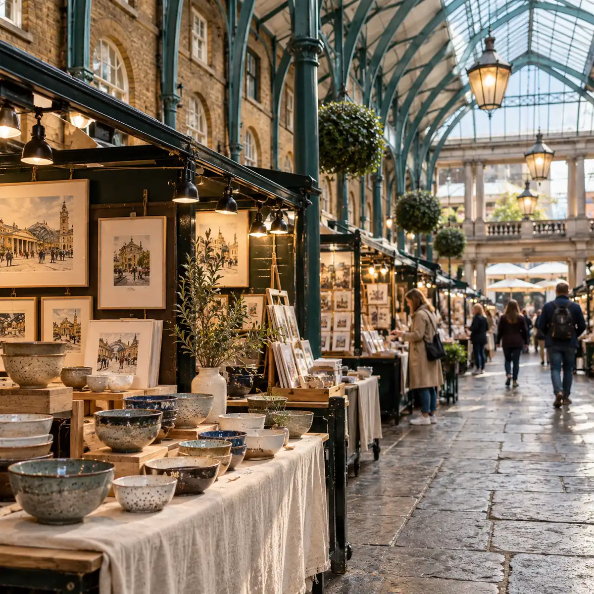 Traders displaying jewellery, prints and crafts at the Apple Market Covent Garden inside the Victorian Market Building on the Piazza
